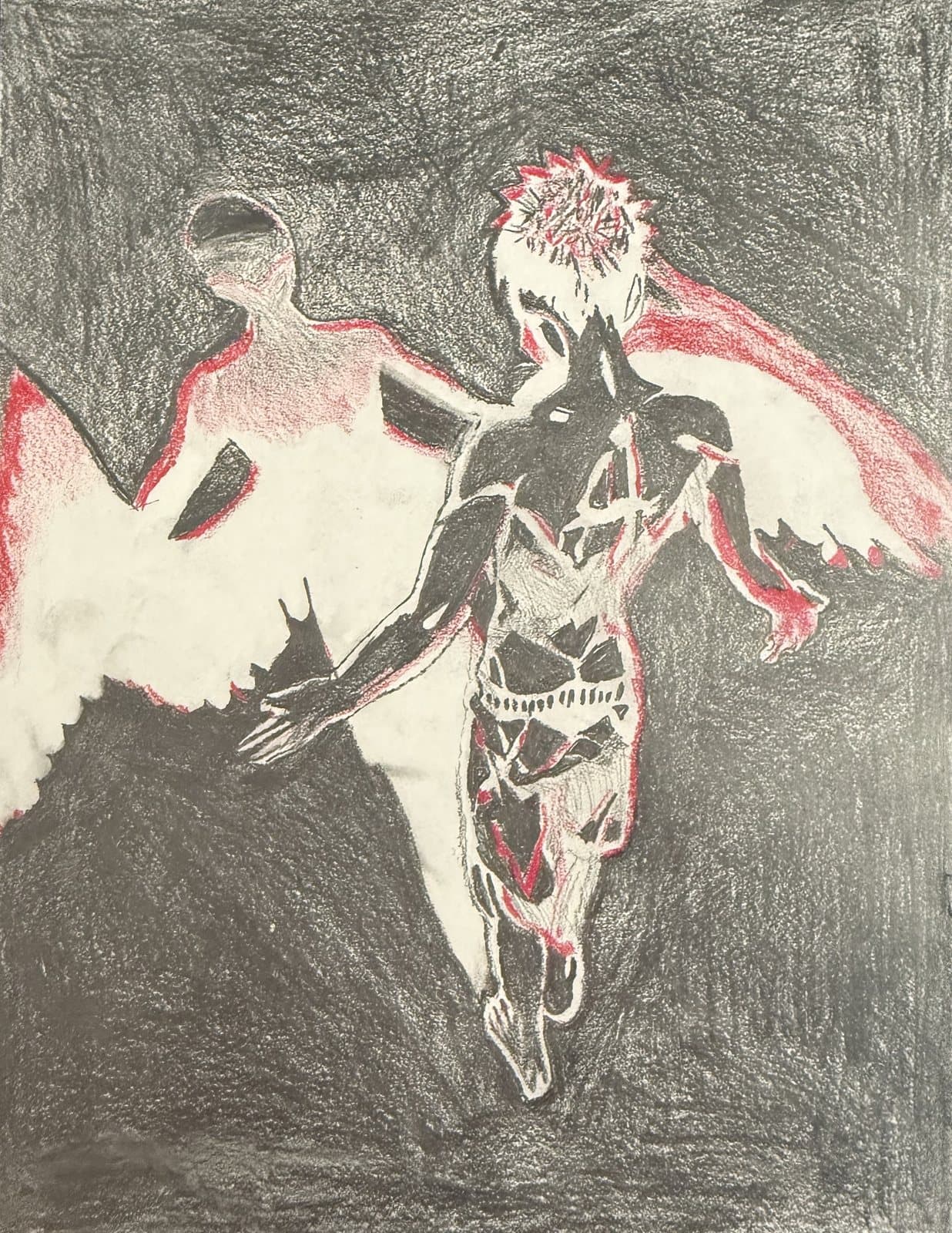 Akashi Seijuurou, red-haired, drawn as a winged figure in black, red and white, reaching forward against a dark pencil ground.